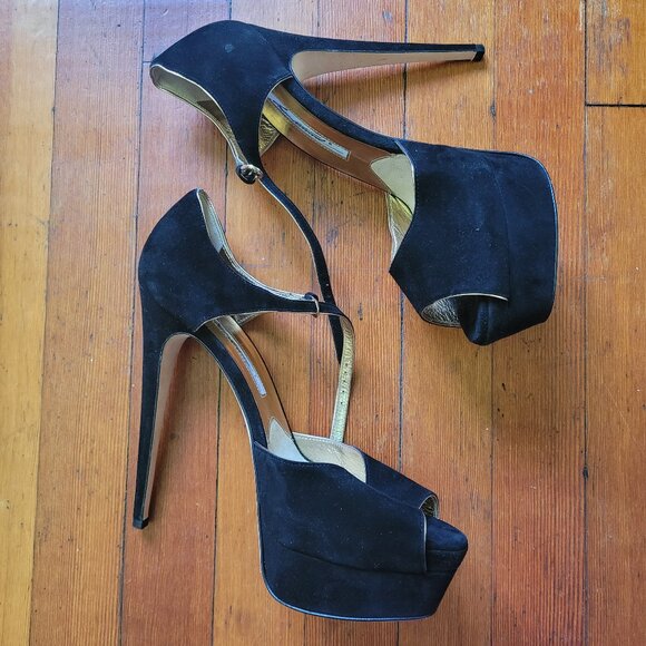 Brian Atwood Suede Black Gold Peeptoe Tribeca, Italian 39 - Picture 7 of 12